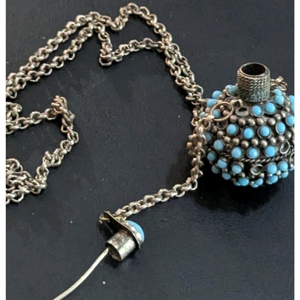 Vtg Turquoise Snuff Scent Bottle Necklace Tibetan Silver Perfume Poison Pendant - Picture 7 of 12